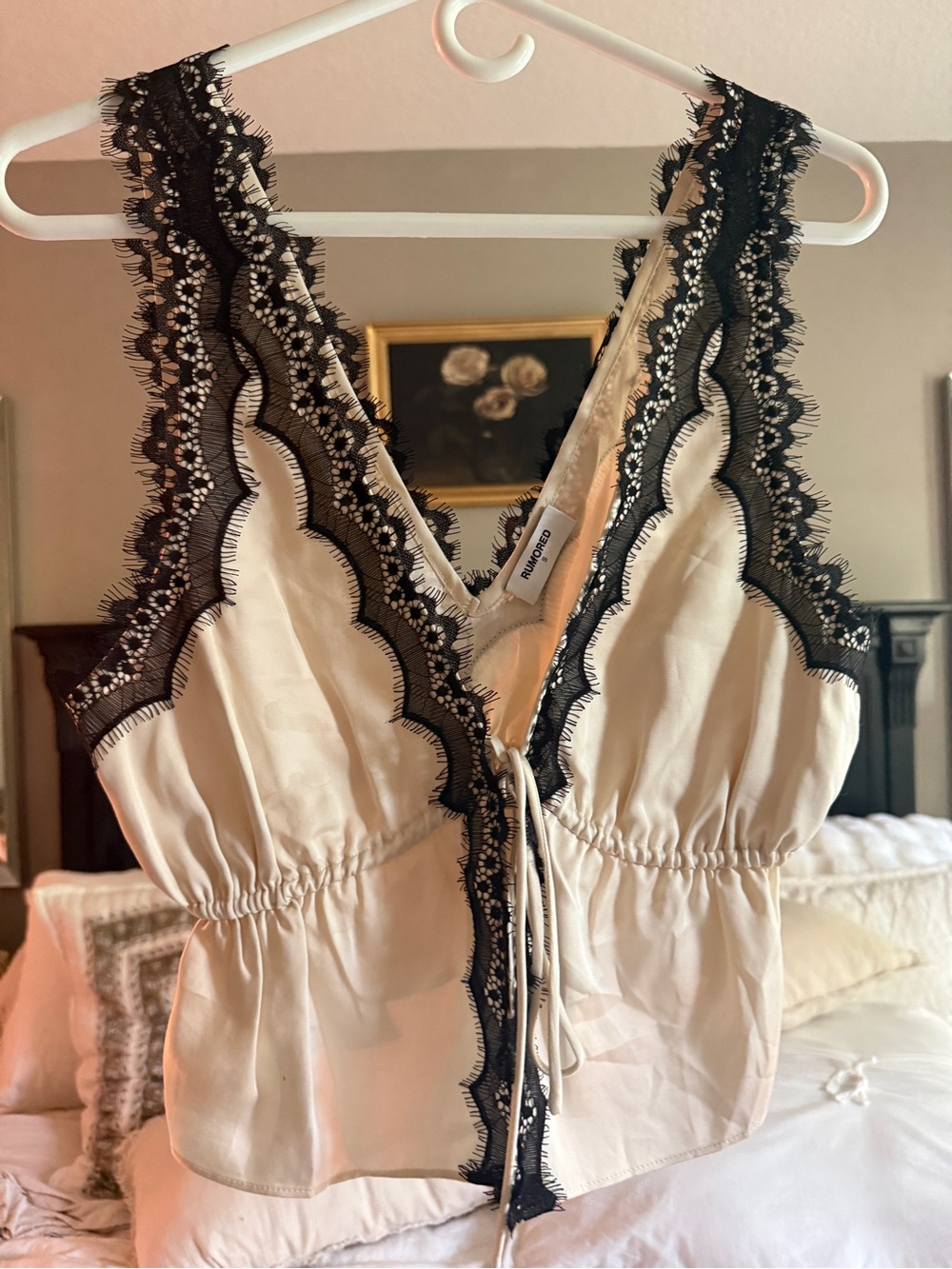 Rumored Cream Satin Crop Top with Black Lace Trim